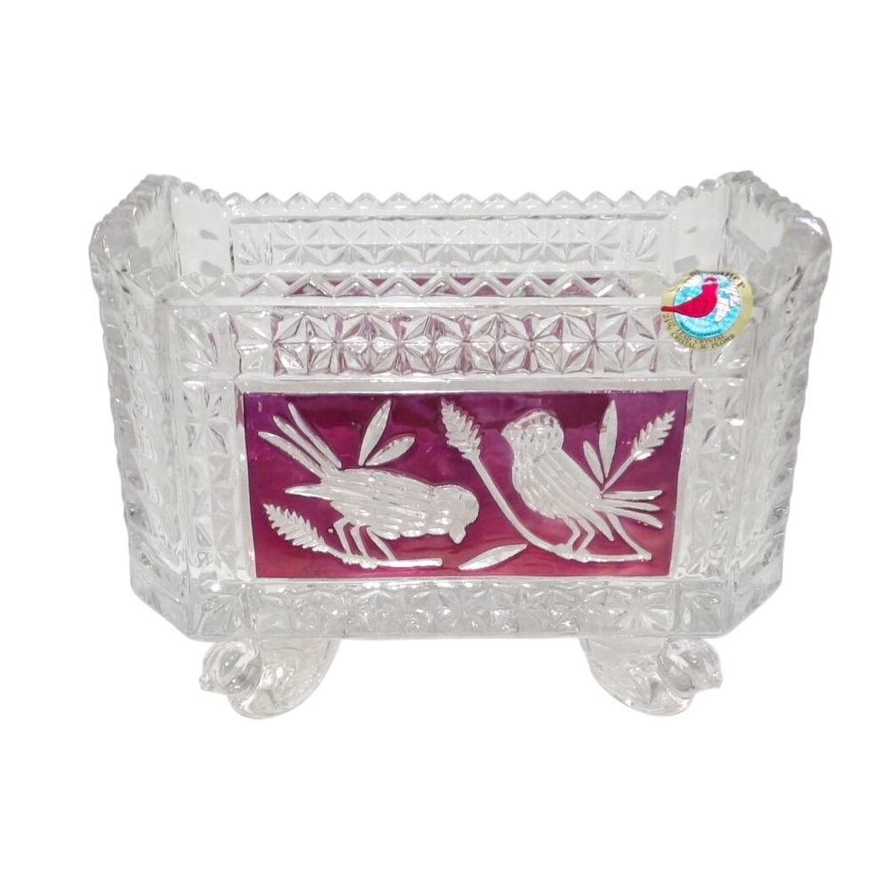 Hofbauer Germany Cranberry Flashed Bird Lead Crystal Footed Bowl